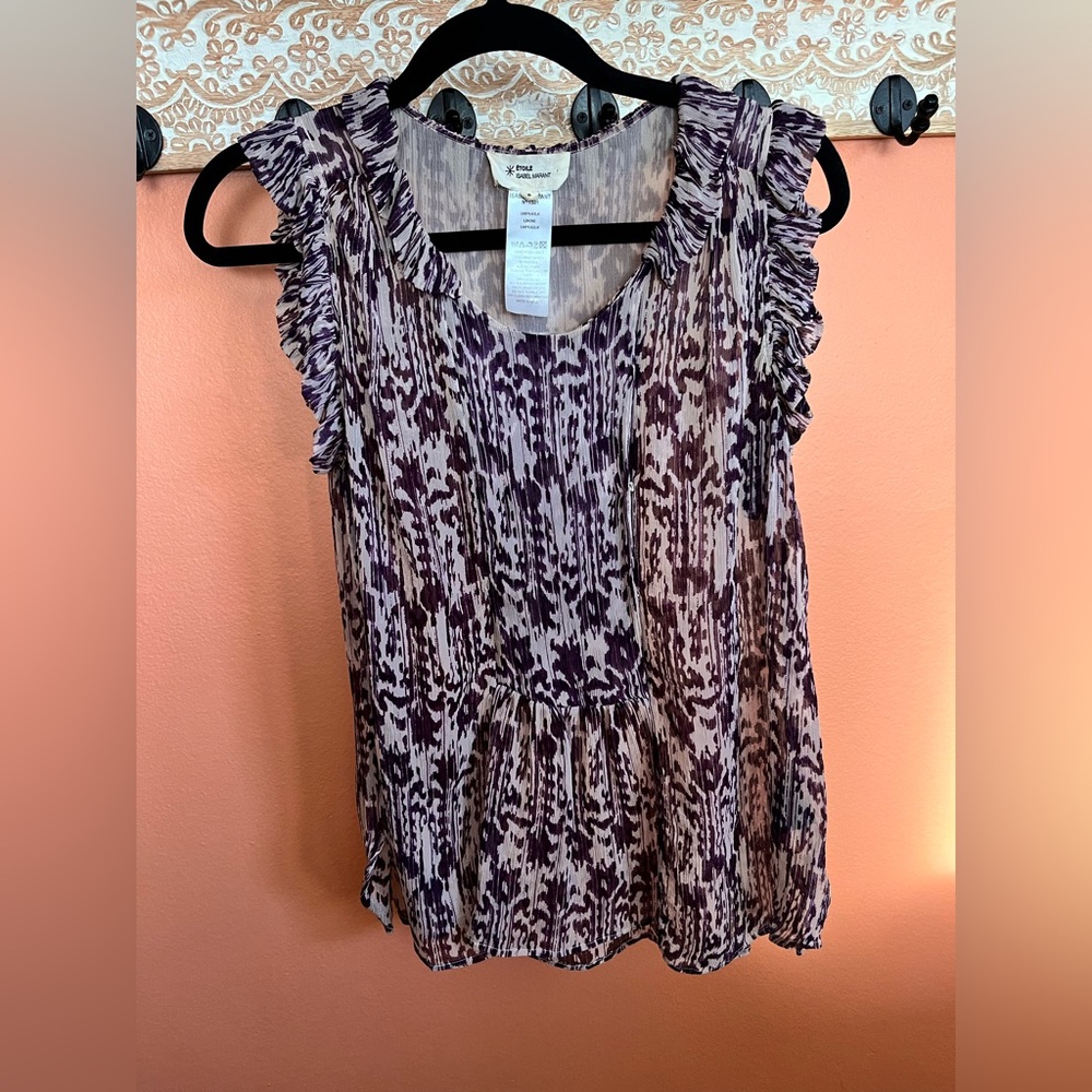 Isabel Marant Étoile purple and white print sheer silk ruffled sleeveless top